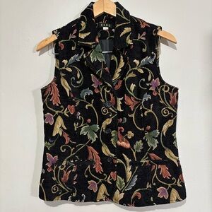 Vintage ELCC Black Velvet Vest Floral Multicolor Brocade Size Small